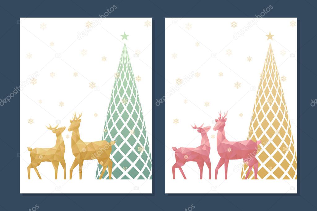 Christmas greeting card design with stylized christmas tree and reindeer couple, Vector illustration.