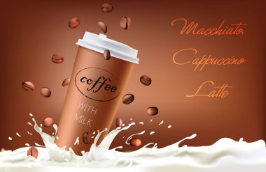 bir kağıt Fincan gerçekçi süt spreyi içinde coffe