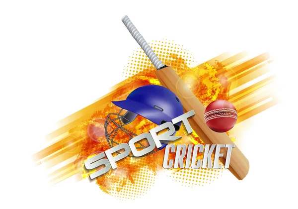 Elementos de cricket realistas sobre fondo blanco con pincelada amarilla — Vector de stock