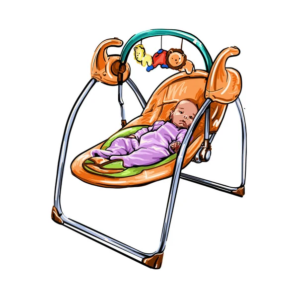 Child in a small crib rocker drawn by hand — Stock Vector