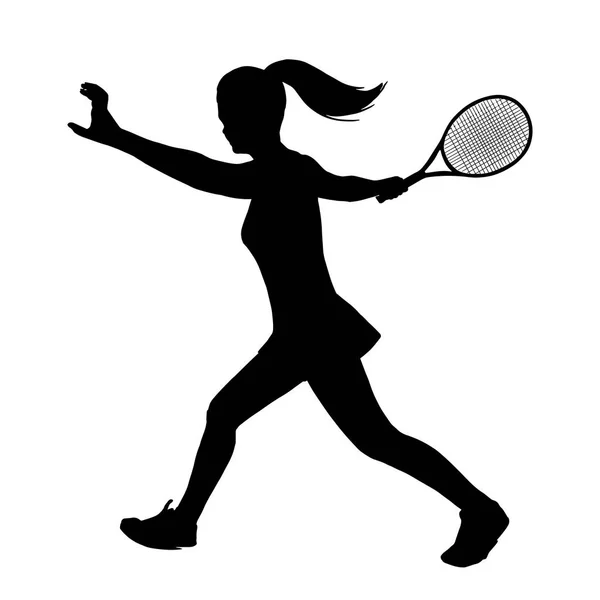 Tennisspielerin mit einem Schläger in der Hand. Silhouette schwarzer Schatten — Stockvektor