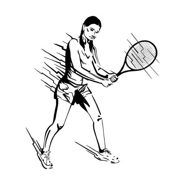 Tennisspielerin mit einem Schläger in der Hand. Silhouette schwarzer Schatten — Stockvektor