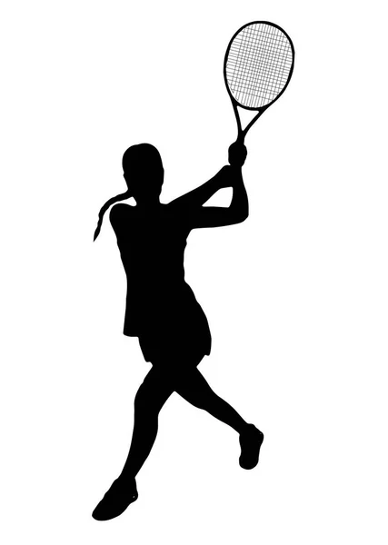 Tennisspielerin mit einem Schläger in der Hand. Silhouette schwarzer Schatten — Stockvektor