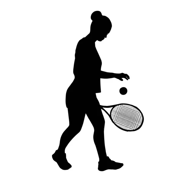 Tennisspielerin mit einem Schläger in der Hand. Silhouette schwarzer Schatten — Stockvektor