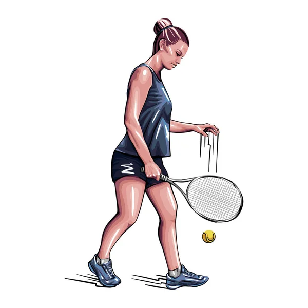 Joven chica hermosa - jugador de tenis con una raqueta en la mano . — Vector de stock