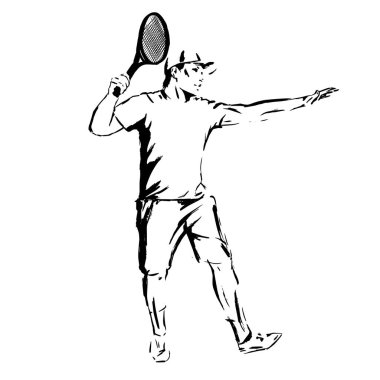 Beyaz arka planda izole edilmiş erkek tenisçi vektör silueti.