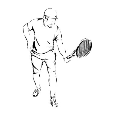Beyaz arka planda izole edilmiş erkek tenisçi vektör silueti.