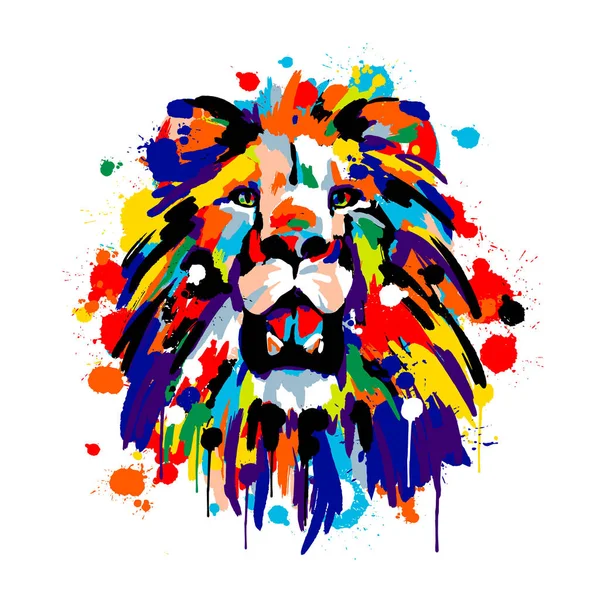 Lions visage, animaux Savannah, coups de pinceau peintures, spray coloré, crinière de lion — Image vectorielle