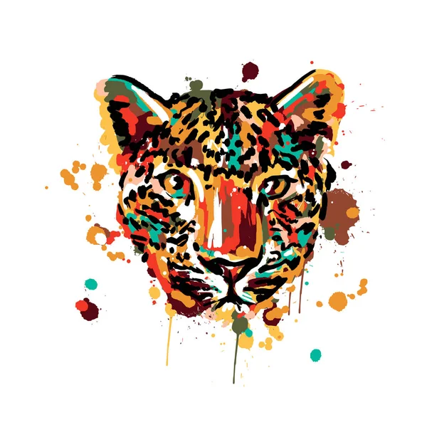 Λεοπαρδαλί χρώμα, βούρτσες πινέλο σπρέι χρώμα, λεοπάρ πρόσωπο κεφαλής, αφρικανικά ζώα — Διανυσματικό Αρχείο