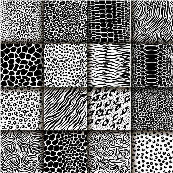 Serie vettoriale di texture della pelle animale di tigre, zebra, giraffa, leopardo e mucca — Vettoriale Stock