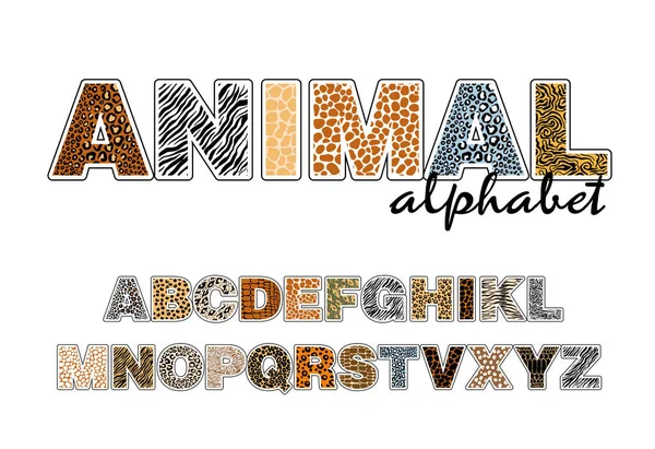 The alphabet with wild animals, the texture of the skins on the letters — Stock Vector