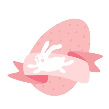 Çizgi film Beyaz Tavşan ve Şirin Tavuk Yumurtaları ile Patern ve Gül Kurdelesi. Paskalya ya da Çocuk Vektör İllüstrasyonu. Yumuşak renkler.