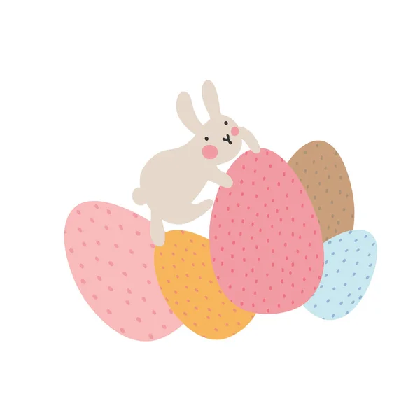 Adventures of Easter bunnies, who are looking for and hiding holiday eggs. Easter design elements in minimalistic vector style. Illustrations for kids. — Stock Photo, Image