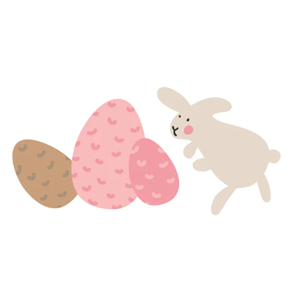 Aventuras de conejitos de Pascua, que están buscando y escondiendo huevos de vacaciones. Elementos de diseño de Pascua en estilo vectorial minimalista. Ilustraciones para niños . — Foto de Stock