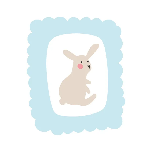 Cute little hare sits in a soft blue frame of a cloud. The idea of an album for newborns, decoration of the children's room, textiles, postcard or Easter design. — Stock Photo, Image