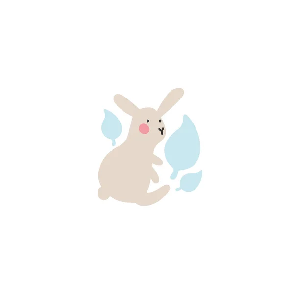 Mignon petit lièvre est assis et tient les feuilles bleues dans un état confus. L'idée d'un album pour nouveau-nés, décoration de la chambre des enfants, textiles, carte postale ou design de Pâques . — Photo