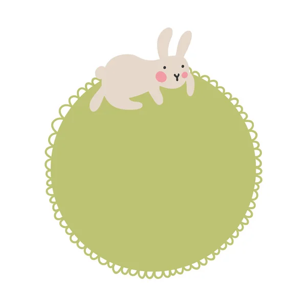 Text bubble with funny bunny who sits on a frame for text. Vector nursery illustration. Soft green pastel colors. — Stock Photo, Image