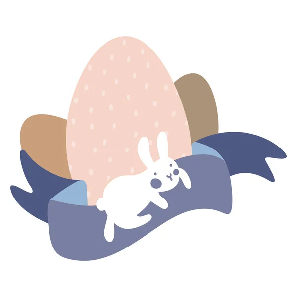 Conejito blanco de dibujos animados y lindos huevos de pollo con patrón y cinta violeta dulce. Ilustración vectorial de Pascua o niño. Colores pastel suaves . — Foto de Stock