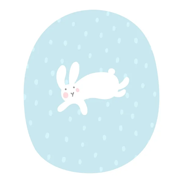 Cartoon Bunny springer under snöfall. Påskharen. Grabbvektor Illustration. Vinterlandskap för nyår och jul. Mjuka pastellfärger. — Stockfoto