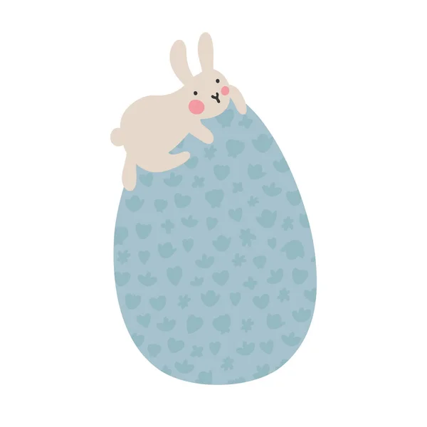 Huevos de Pascua con fotos. Un lindo conejito trepó a un huevo grande y mira hacia abajo. Ilustración vectorial de Pascua o niño. Colores pastel suaves . —  Fotos de Stock