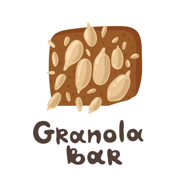 Granolový bar s cereáliemi, slunečnicová semínka. Web a tisk. Zdravý stravovací koncept. Horní pohled na ručně kreslené zdravé a energetický protein bar. Plochá ukázka jídla. Zdravý životní styl koncept. — Stockový vektor