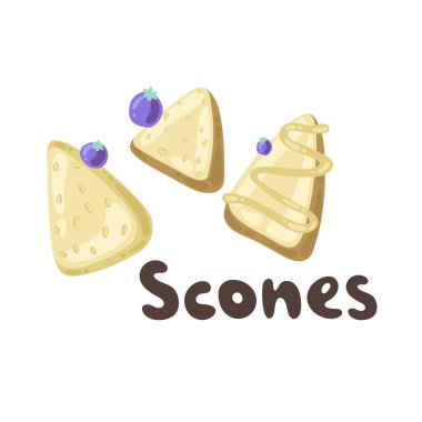 Homemade blueberry scones. Traditional English tea treats. Doodle scone or biscuit with raisins and cream isolated on white background. Triangle shaped homemade scones. Plain, glazed, blueberry chip. clipart
