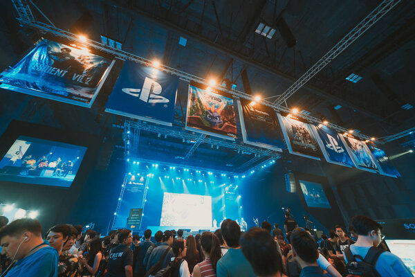 Bangkok, Thailand - Aug 18, 2018: Crowd of gamer attending stage show event of PlayStation Experience SEA (South East Asia) 2018, video game demo exhibition held for the first time in Bangkok Thailand