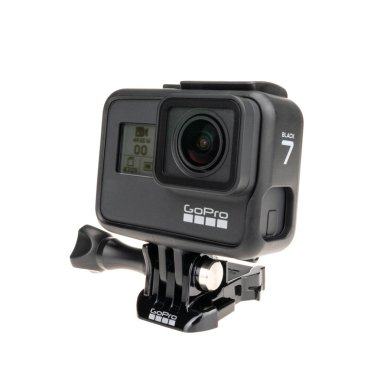 Bangkok, Tayland - Eyl 30, 2018: Yeni Gopro Hero 7 siyah eylem kamera durumu operasyon düğmesine basın, beyaz arka plan üzerinde yalıtmak. Açıklayıcı editoryal içerik