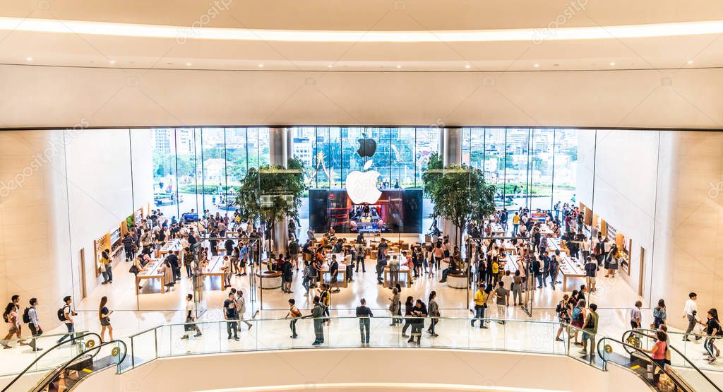 Bangkok, Thailand - Nov 12, 2018: Crowd of customers visiting the first official Apple store in Thailand, opening in the new IconSiam shopping mall located by Chao Phraya River in Bangkok