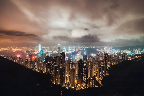 Mooie Hong Kong Eiland Stadsgezicht Luchtfoto Nacht Uitzicht Vanaf Victoria — Stockfoto