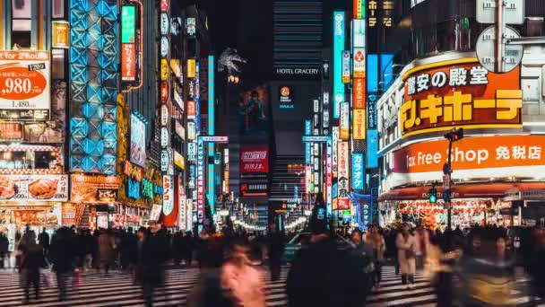 Uhd のタイムラプス混雑歌舞伎町 エンターテイメントの夜生活ゾーン 東京新宿の赤線地区で車 道路交通を渡る人々 日本観光やアジア観光アトラクションのコンセプト — ストック動画