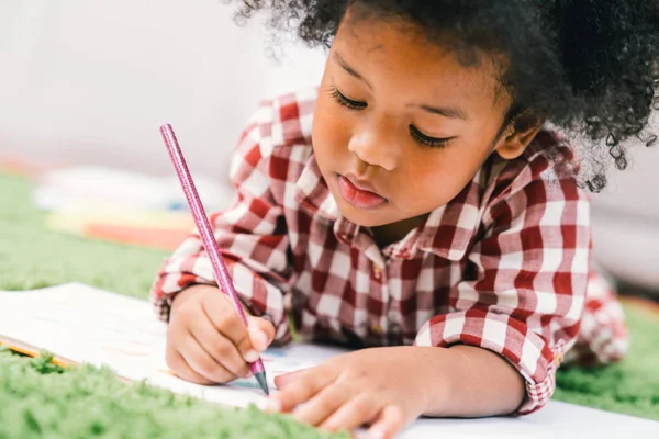 Cute Young African American Kid Girl Drawing Painting Colored Pencil — Stock Photo, Image
