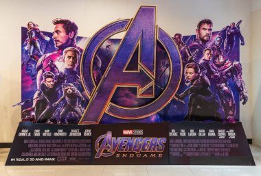 Bangkok, Thailand - Apr 18, 2019: Avenger Endgame movie backdrop display in movie theatre. Cinema promotional advertisement, or film industry marketing concept clipart