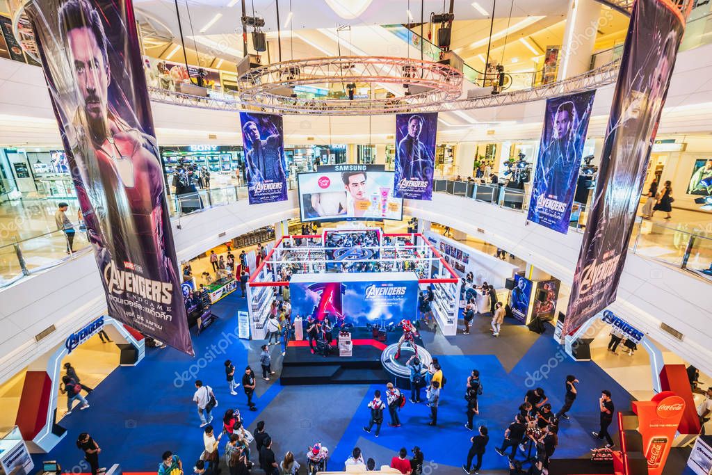 Bangkok, Thailand - Apr 25, 2019: Crowded people attending Avengers Endgame exhibition booth in shopping mall. Movie promotional advertisement event, or film industry marketing concept