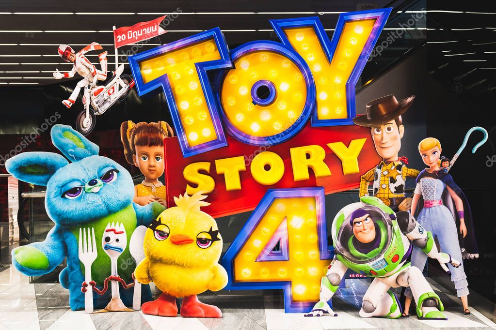 Bangkok, Thailand - Jun 17, 2019: Toy Story 4 movie backdrop display with cartoon characters in movie theatre. Cinema promotional advertisement, or film industry marketing concept