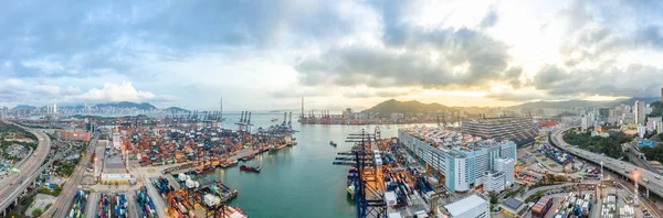 Vista Aérea Panorámica Del Distrito Industrial Portuario Hong Kong Puente —  Fotos de Stock