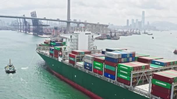 Duży Statek Towarowy Transportując Pojemnik Wysyłkowy Chin Przybywających Hong Kong — Wideo stockowe