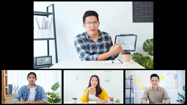 Grupo Jóvenes Empresarios Asiáticos Compañeros Trabajo Oficina Video Llamada Conferencia — Foto de Stock