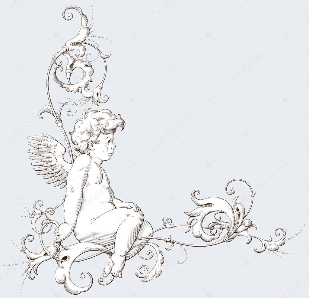 Vintage decorative element engraving with Baroque ornament pattern and cupid. Hand drawn vector illustration