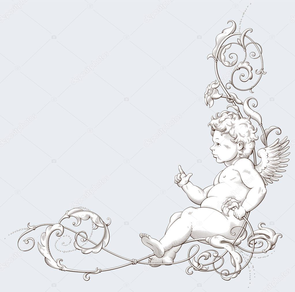 Vintage decorative element engraving with Baroque ornament pattern and cupid. Hand drawn vector illustration
