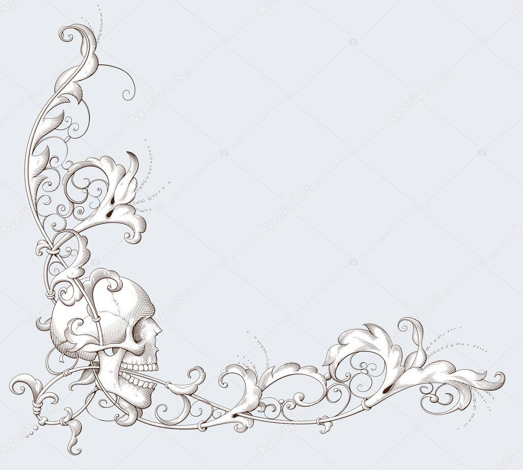 Vintage decorative element engraving with Baroque ornament and skull. Hand drawn vector illustration