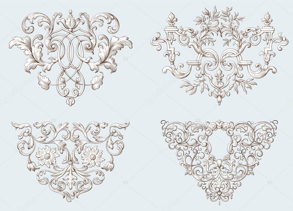 Set of vintage decorative elements with Baroque ornament. Engraving style