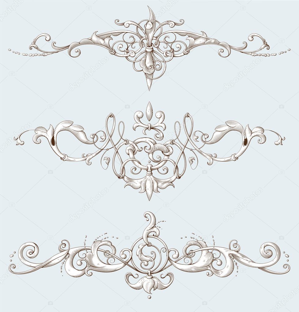 Vintage decorative elements with Baroque ornament. Engraving style