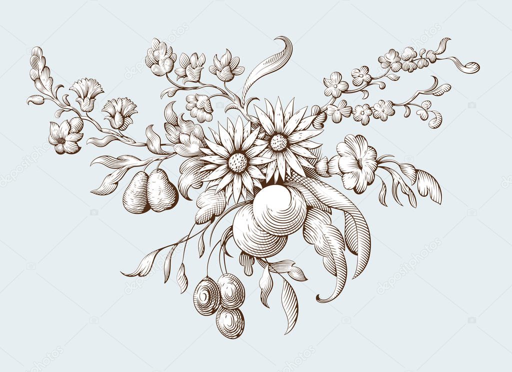 Bunch of flowers and fruits. Vintage botanical illustration. Bouquet in Baroque engraving style