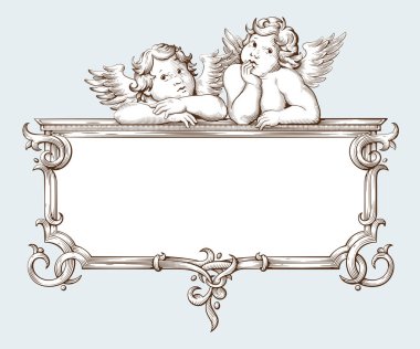 Barok süs deseni ve cupid ile Vintage sınır çerçevesi gravür