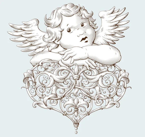 Elegante vintage Cupido y corazón para el día de San Valentín y la boda. Elemento decorativo vintage grabado con ornamento barroco — Archivo Imágenes Vectoriales