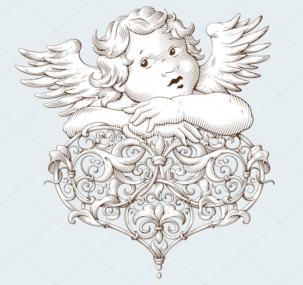 Elegant vintage cupid and heart for Valentine`s day and wedding. Vintage decorative element engraving with Baroque ornament