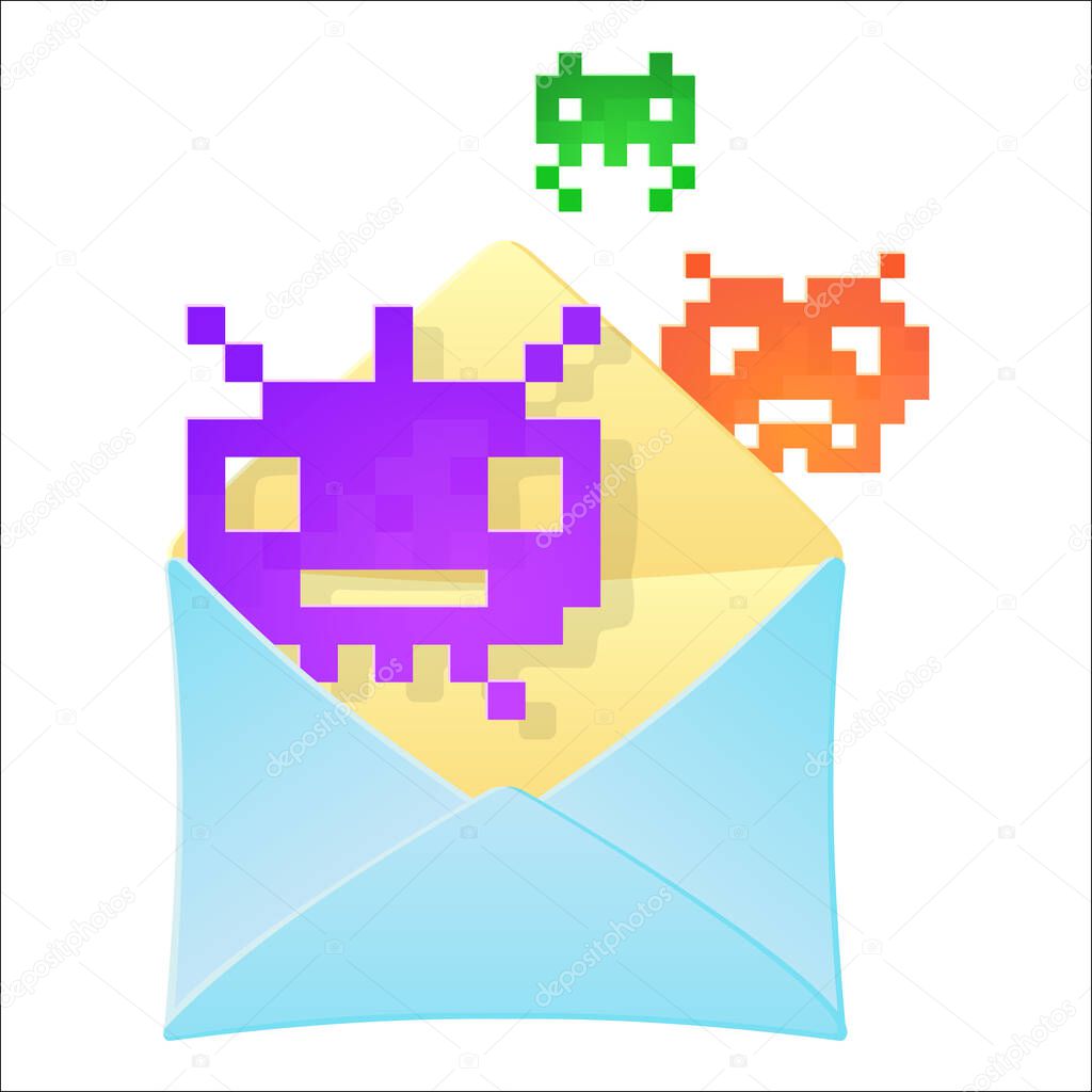 Envelope with retro pixel monsters. Hacker attack, fraud, e-mail spam, malware, computer virus concept. Colourful vector illustration isolated on white background