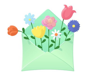 İçinde kır çiçekleri olan bir zarf. Hoş bir çiçek buketi. Bahar ve yaz tatili konsepti. Davetiye ya da tebrik kartı için tasarım. Beyaz arkaplanda izole edilmiş renkli vektör illüstrasyonu