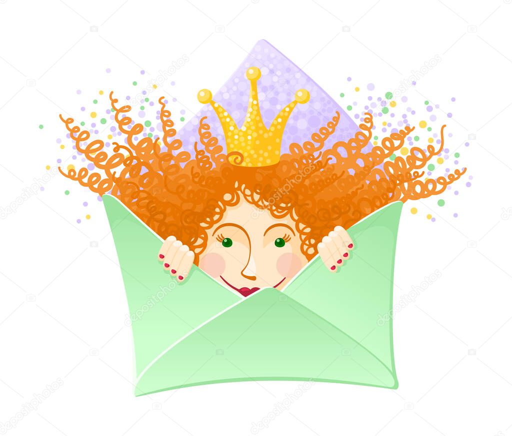 Cute ginger princess girl in the envelope. Letter mailing concept. Design for invitation or greeting card. Colourful vector illustration isolated on white background